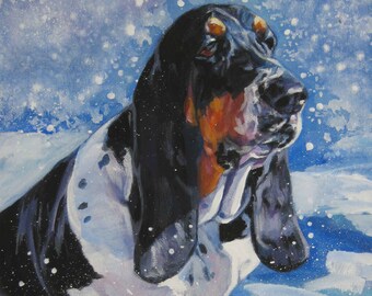 May include: A painting of a Basset Hound in a snowy scene. The dog has black, white, and brown fur, with long, floppy ears. Snowflakes fall around the dog, and the background is a light blue. The artist's name, L.A. SHEPARD ART, is at the bottom.