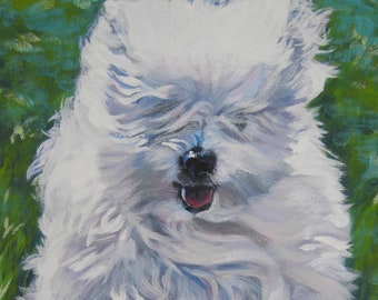 May include: An original painting of a fluffy white dog running through green grass. The dog's mouth is open, revealing a pink tongue. The artwork is signed "L.A. SHEPARD ART" in the bottom left corner.