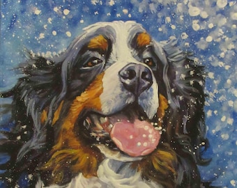 Bernese Mountain Dog BERNER PORTAIT art print of LAShepard painting 8x10" BMD xmas winter snow