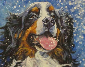 Bernese Mountain Dog BERNER PORTAIT art print of LAShepard painting 11x14" BMD xmas winter snow