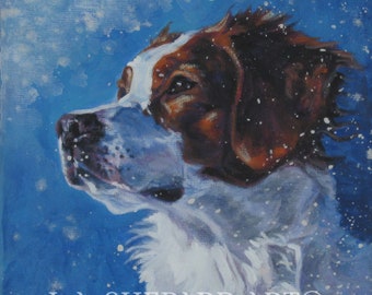 BRITTANY SPANIEL dog portrait art canvas PRINT of lashepard painting 8x8 xmas snow