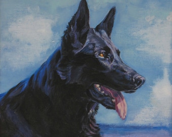 May include: Oil painting of a black German Shepherd dog on a sandy beach. The dog has its tongue out and is looking right. The background shows a blue sky and sea. The artist's name, L.A. SHEPARD ART, is in the bottom left corner.