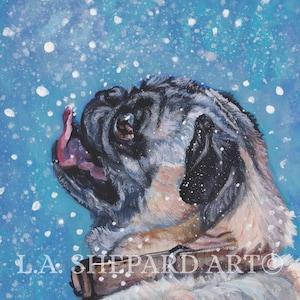 płowy pies PUG ART portret na płótnie DRUK obrazu LAShepard 8x8&quot; śnieg świąteczny