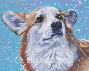 Pembroke Welsh CORGI portrait d’art de chien Canvas PRINT de LAShepard peinture 12x12 » hiver XMAS