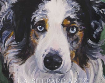 Australian Shepherd AUSSIE dog portrait art canvas PRINT of of LAShepard painting 8x8"