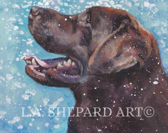 chocolate lab Labrador retriever dog art portrait print of LAShepard painting 12x12" xmas winter snow