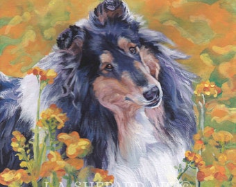 Tricolor Rough COLLIE dog ART portrait canvas PRINT of LAShepard painting 12x12