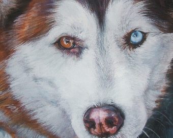 May include: Close-up painting of a Husky dog's face. The dog has brown and blue eyes, with white and brown fur. The dog's nose is pink and brown, and the painting is on a canvas.