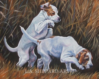 English POINTER puppies dog art canvas PRINT of LA Shepard painting 12x16
