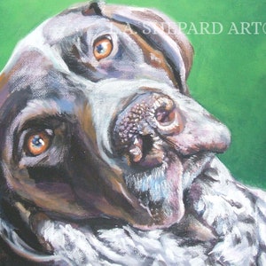 May include: A painting of a German Shorthaired Pointer dog with brown and white fur. The dog is looking up and to the right with its tongue slightly out. The background is a solid green colour.