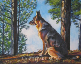 German Shepherd dog art canvas print of LA Shepard painting 12x16
