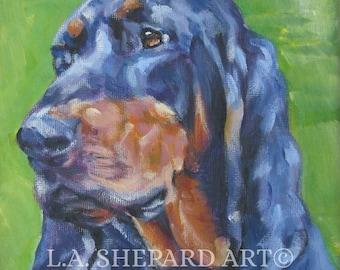 Black and Tan COONHOUND dog art portrait PRINT of LA Shepard painting 12x12