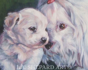 May include: An oil painting of a mother dog and her puppy. The dogs are white with brown eyes and are set against a green background. The puppy is looking at the mother dog, who has a red bow in her hair. The text "L.A. SHEPARD ART" is at the bottom.