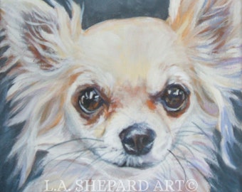 May include: Oil painting of a long-haired Chihuahua dog with a cream-colored coat and large, expressive brown eyes. The artwork is signed "L.A. SHEPARD ART" in the lower right corner. The dog's fur is detailed with brushstrokes.