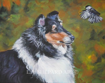 Ruwe COLLIE hond kunst portret canvas PRINT van LA Shepard schilderij 12 x 16