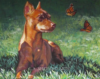 red MINIATURE PINSCHER dog ART canvas print of LAShepard painting 11x14"