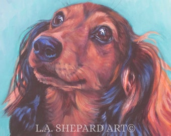 red long haired DACHSHUND dog art portrait PRINT of LA Shepard painting 12x16