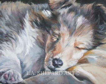 May include: A close-up painting of a sleeping puppy with closed eyes. The puppy has a mix of brown, white, and gray fur. The painting is signed "L.A. SHEPARD ART" in the bottom right corner.