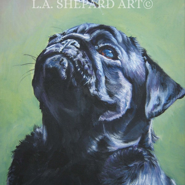 Impression sur toile portrait ART chien carlin noir de LAShepard peinture 20 x 10 cm