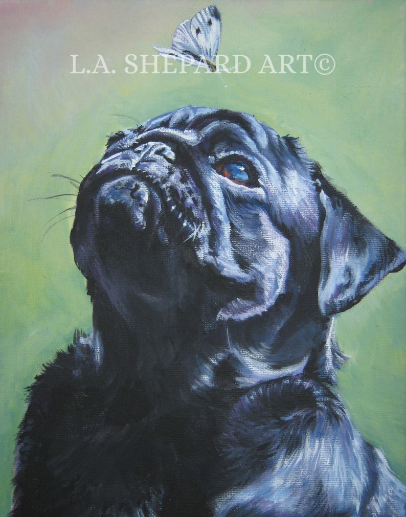 black PUG dog ART portrait canvas PRINT of LAShepard painting 8x10 image 1