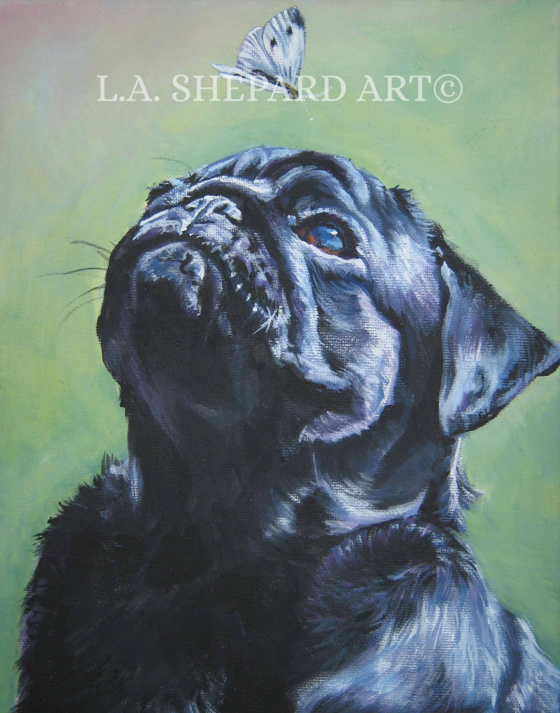 黒のパグ犬アートポートレートキャンバスプリント LAShepard 絵画 8x10