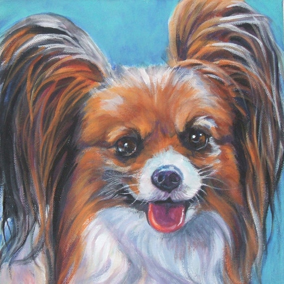 ✨【原画】『庭園でダンス』（絵画　パステル画　パピヨン　植物画　動物画　犬の絵） パピヨンの肖像画 LA シェパードの絵画 8x8 犬のアートのキャンバス
