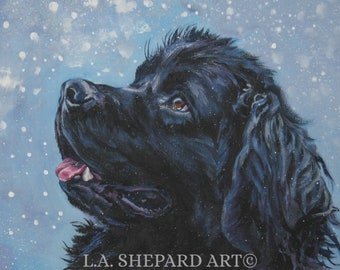 May include: A black Newfoundland dog against a white snowy background. The dog is looking upwards with its tongue out. The artist's signature, "L.A. SHEPARD ART©", is in the bottom right corner.
