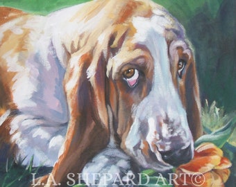 BASSET Hound hundkonstporträtt canvastavla av LA Shepard målning 12x12"