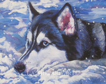 Siberian HUSKY SNOW dog art portrait canvas PRINT of LAShepard painting 12x16