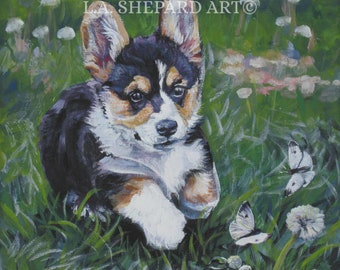 Pembroke Welsh CORGI  puppy dog ART canvas PRINT of LAShepard painting 12x12"