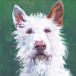 lienzo de arte ibicenco recubierto de alambre de LA Shepard pintando retrato de perro 12x12