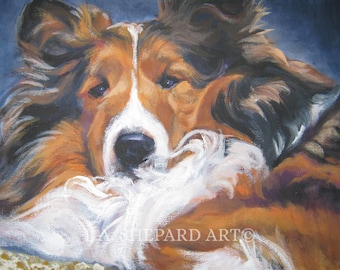 May include: An oil painting of a Sheltie dog, featuring a brown, white, and black coat. The dog is resting its head on its paws, with a soft, focused gaze. The background is a deep blue, enhancing the dog's colors.