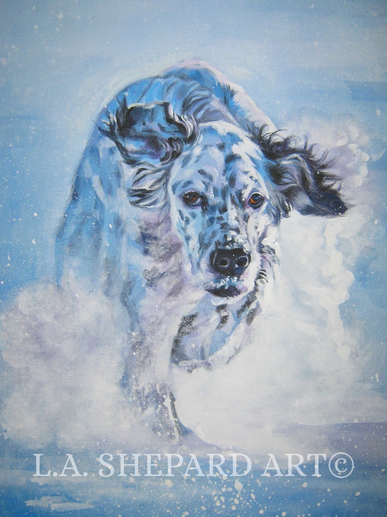May include: A painting of a white and black English Setter dog running through the snow. The dog's fur is white with black spots, and its ears are flapping in the wind. The background is a light blue with white snow.