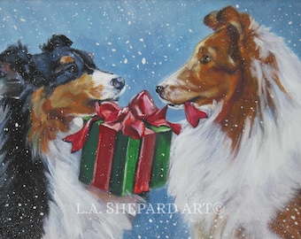 Shetland Sheepdog SHELTIE christmas holiday dog art canvas PRINT of LAShepard painting 8x10"