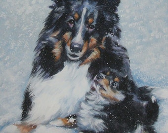 Shetland Sheepdog sheltie art CANVAS print of LA Shepard painting 8x8 winter dog art