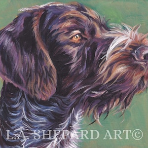 May include: A painting of a brown and white German Wirehaired Pointer dog against a green background. The dog is looking to the right of the image. The artist's signature, "L.A. SHEPARD ART©", is in the bottom left corner of the painting.
