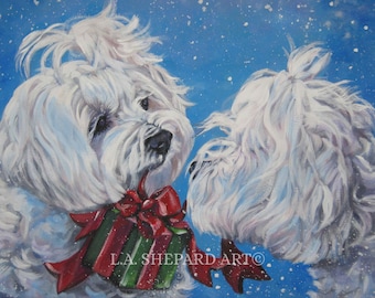 MALTESE dog portrait art canvas PRINT of LAShepard painting 12x16" christmas