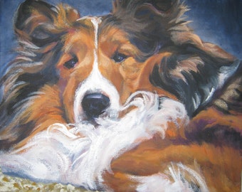 May include: An oil painting of a Collie dog with brown, white, and black fur. The dog is lying down with its head resting on its paws. The background is a dark blue.
