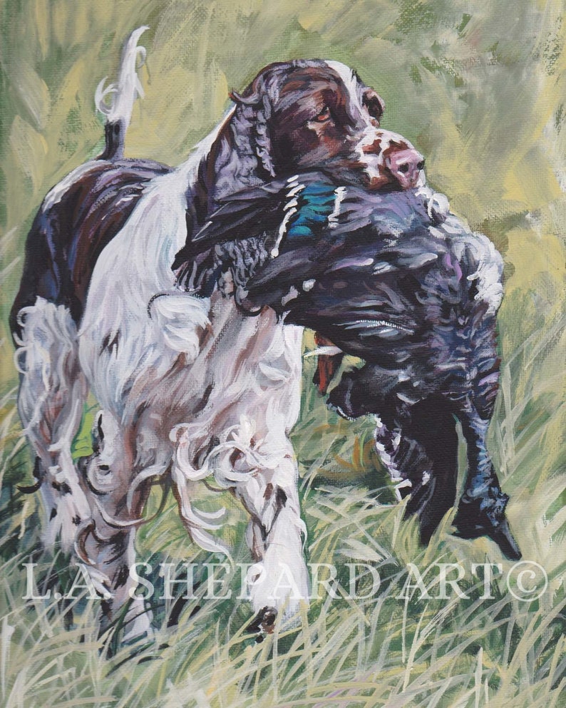 English SPRINGER Spaniel dog portrait art canvas PRINT of LAShepard painting 8x10 hunting dog image 1