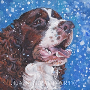 English SPRINGER SPANIEL dog portrait art canvas PRINT of LAShepard painting 12x12" holiday art