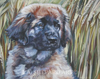 LEONBERGER pup dog PORTRAIT art canvas PRINT of LAShepard puppy painting 12x16"
