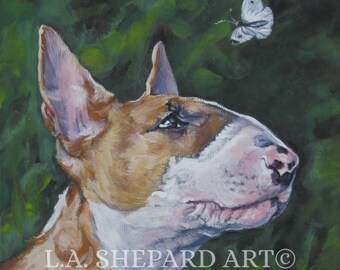 BULL TERRIER dog portrait art canvas PRINT of LAShepard painting 12x12"