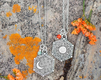 Sun, Moon and Stars | Silver Medallion Necklace | Unique Friendship Necklace | Celestial Charm Necklace | Mystical Gift Idea