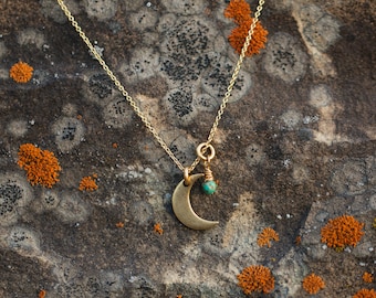 Dainty Gold Crescent Moon Necklace with Turquoise Gemstone on  Adjustable Gold Chain | Celestial Gift for Her