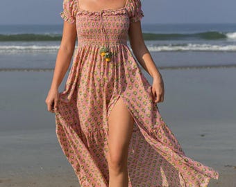 Pink Floral 100% Cotton Maxi Dress | Boho Puff Sleeve Sundress, Smocked Bodice, High Slit