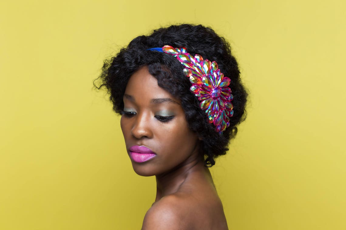 Iridescent Jewel Headband Pink Rhinestone Headband Natural Etsy