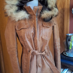 Vintage French Design Women&#39;s Leather Jacket with Belted Waist