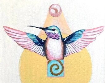 Hummingbirds' Pearl painting framed spiritual art spirit animal in framed ready to ship