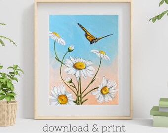 Daisy & Monarch Butterfly Art Print: Feminine Floral Wall Decor (Digital Download)