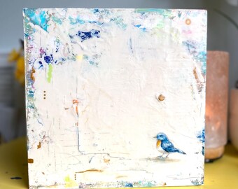 Original Blue Bird Painting on Wood - Minimalist Nature Art (8x8 inches)